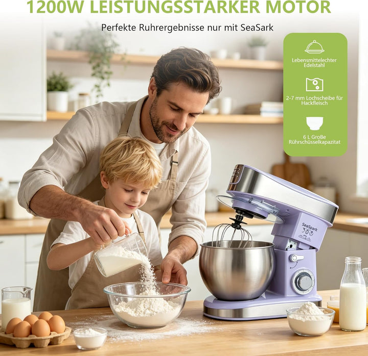Küchenmaschine, 6 L Knetmaschine 1200W, 6 Geschwindigkeits Küchenmaschine, Teigmaschine mit Rührhake