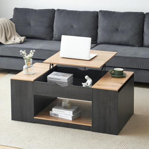 Merax Höhenverstellbarer Couchtisch mit Holzmaserung, Grauer Korpus & Geheime Stauräume, 109cm Kaffe