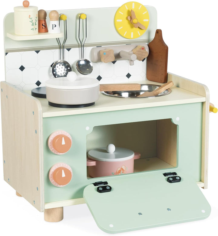 Janod - Holzküchenzeile für Kinder - Kleine Kinderküche - Ausgestattet mit Backofen, Spüle und 10 Zu