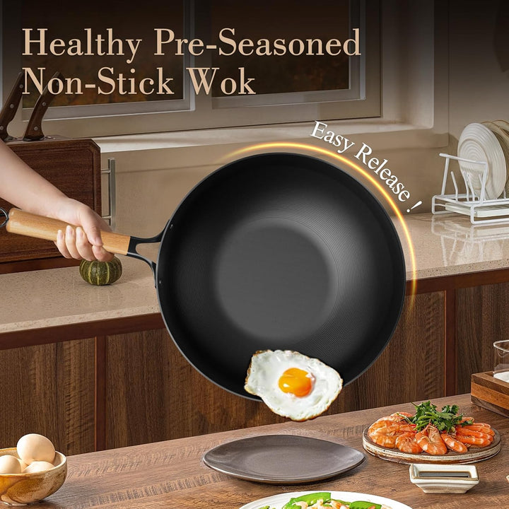 Jobin 30cm Wok Antihaft mit Deckel, Wokpfanne Induktion Ohne Chemische Beschichtung und Grosses Fass
