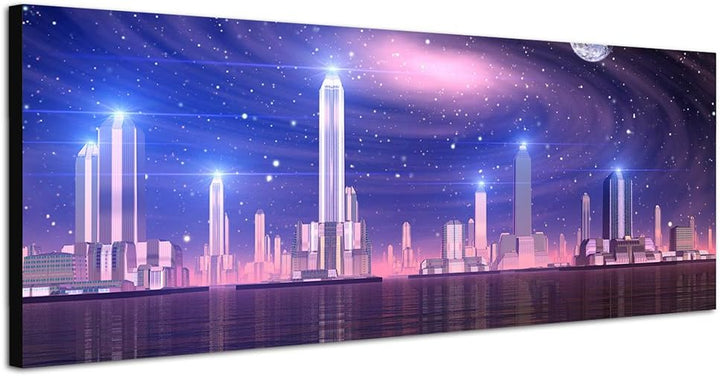 Paul Sinus Art Panoramabild auf Leinwand und Keilrahmen 120x40cm Stadt Skyline Nacht Sterne futurist