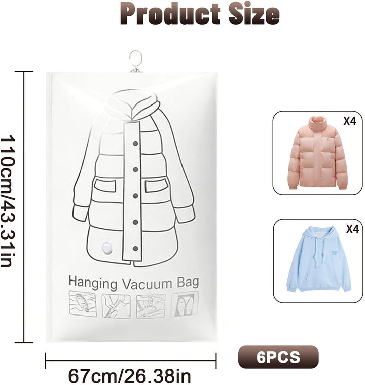 Hängend Vakuumbeutel für Kleidung Haken 6 Stück (110 x 67 cm) Vacuum Bags for Clothing Platz Vakuumb