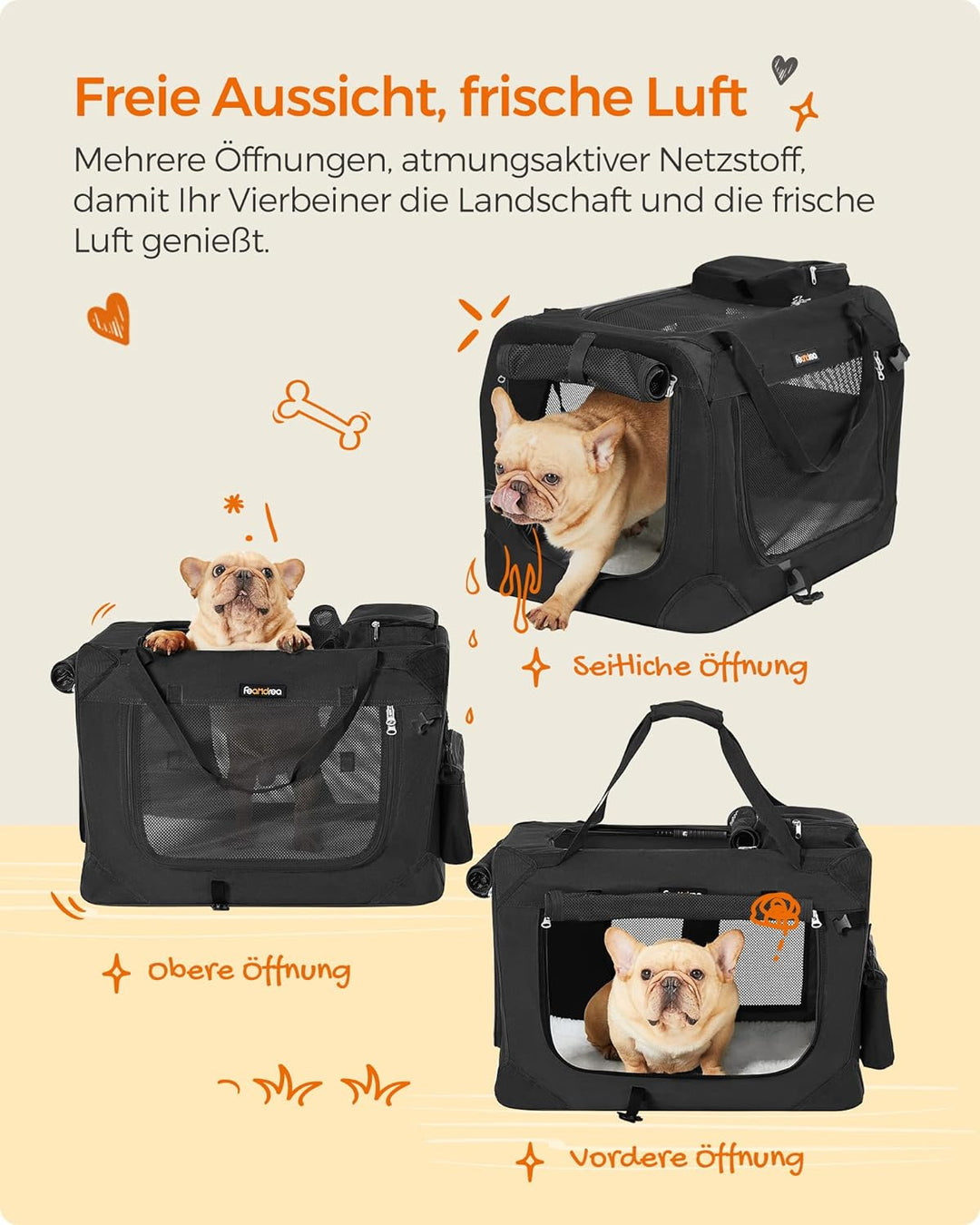 Feandrea Hundebox faltbar, Transportbox Hund, Grösse M, Hundetasche, Oxford-Gewebe, Netzstoff, atmun