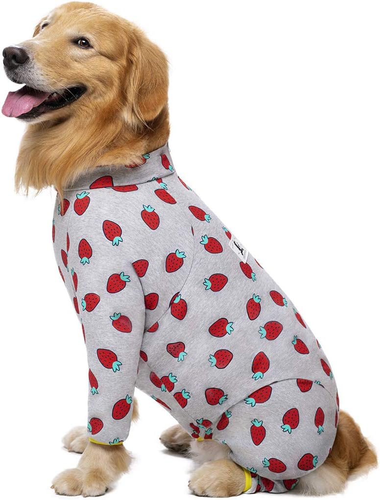Grosser Hunde-Pyjama aus Baumwolle, Erdbeerdruck, volle Bauchbedeckung, für mittelgrosse und grosse