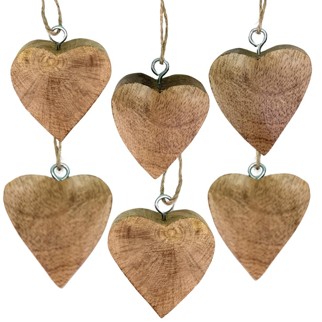 6X Herz Anhänger 4,5 x 4,5 cm Holz, Massiv Holzherzen zum Hängen Deko Hänger Natur