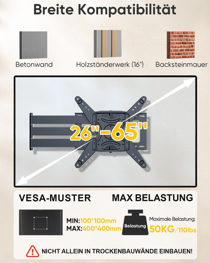 TV Wandhalterung mit 1219mm Langer Reichweite, 90° Drehbare Wandhalterung Fernseher Schwenkbar Neigb