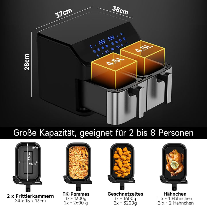 Scheffler Heissluftfritteuse 2 kammern 9L (2x4.5L), 2000W Airfryer mit 2 Fächer, Doppelkammerh, Dual