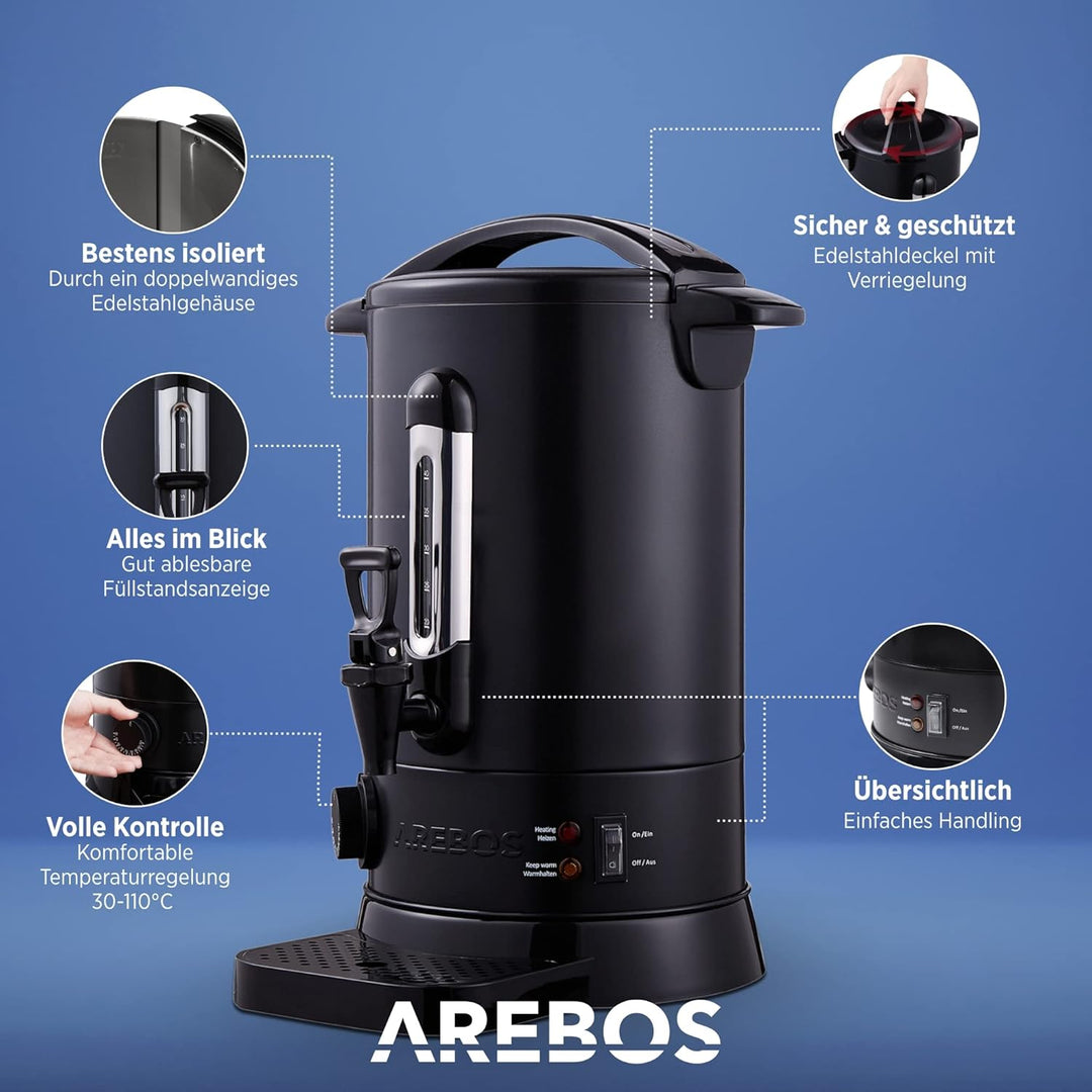 Arebos Glühweinkocher 950 W | Heissgetränkespender | 8,8 L | mit Auffangschale, Auslasshahn, Thermos