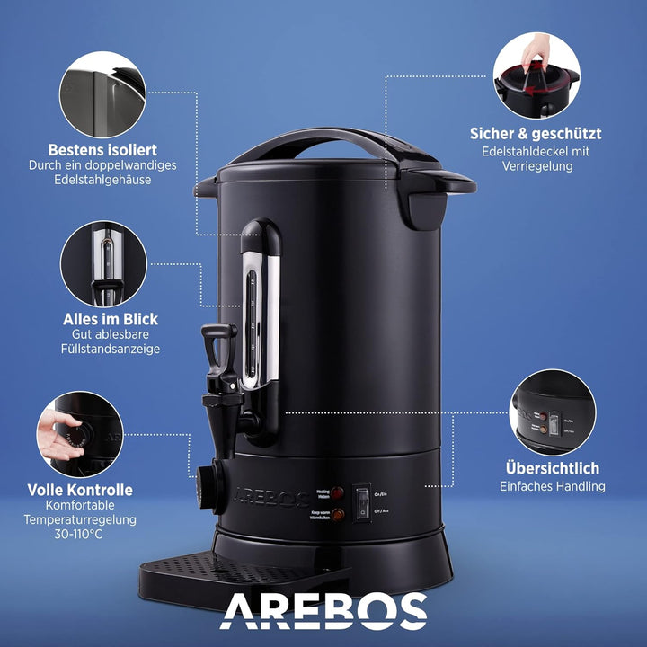 Arebos Glühweinkocher 950 W | Heissgetränkespender | 8,8 L | mit Auffangschale, Auslasshahn, Thermos