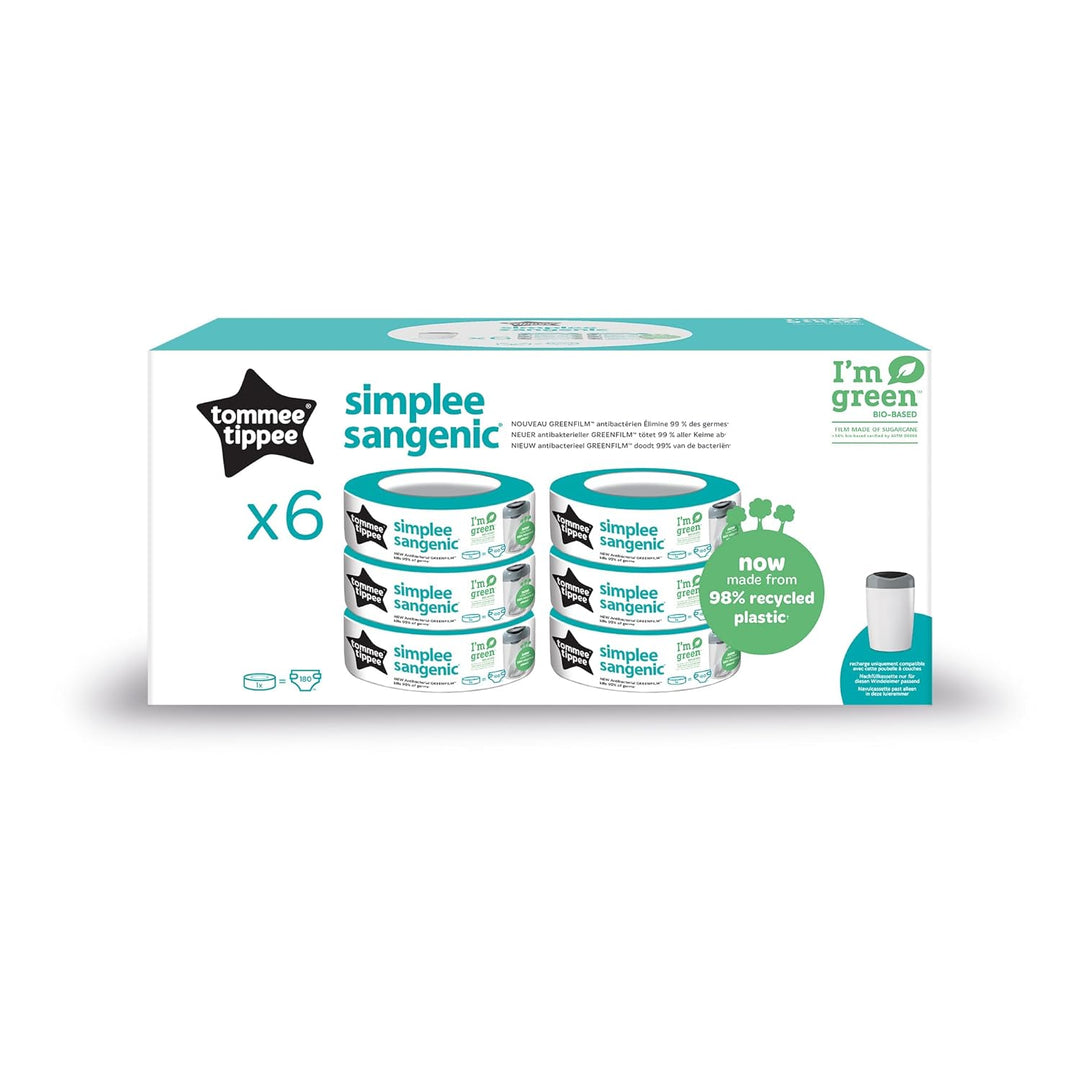 Tommee Tippee Nachfüllkassetten für Simplee Sangenic Windeleimer, Antibakterieller Schutz, 6er-Pack
