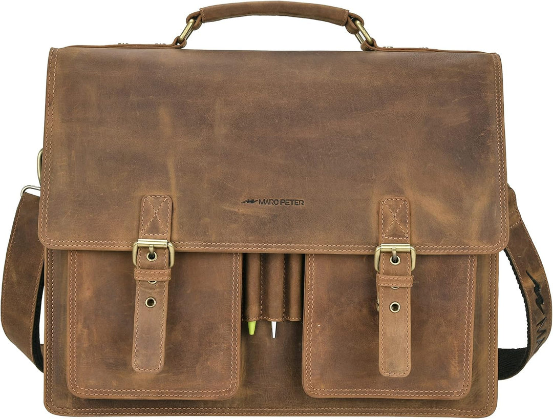 Marc Peter Amsterdam Aktentasche Leder XL Lehrertasche mit Laptopfach 15,6 Zoll grosse Ledertasche z