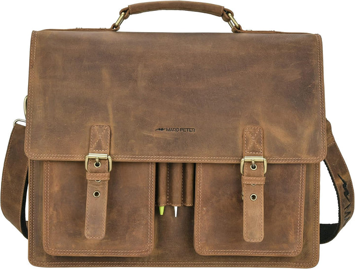 Marc Peter Amsterdam Aktentasche Leder XL Lehrertasche mit Laptopfach 15,6 Zoll grosse Ledertasche z