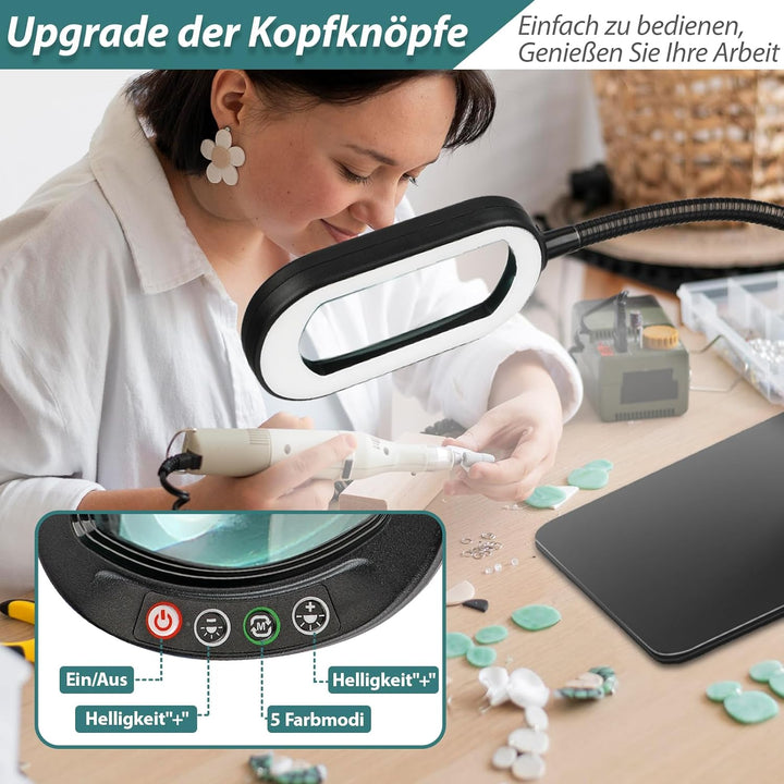 Drdefi 10X Rectangle Lupe mit Licht und Ständer, Echtes Glas Lupenlampe, 5 Farbmodi Stufenlos Dimmba