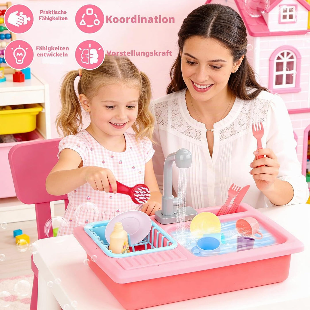 deAO Kinderspielset Pretend Kitchen Sink mit simuliertem Wasserhahn und enthaltenem Küchenzubehör -