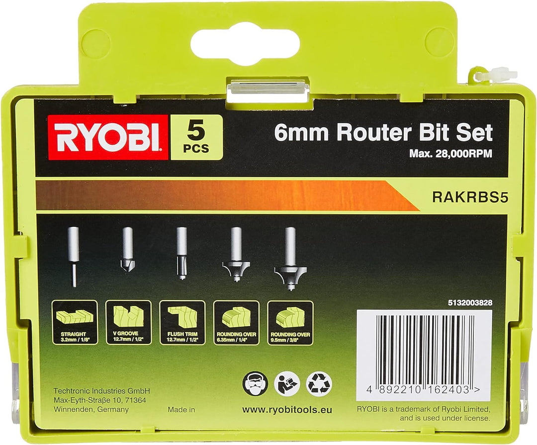Ryobi 5132003828 Fräsersatz 5-teilig, für Kantenfräse und Oberfräse, Nutfräser, 1x Hohlkehlfräser, 2