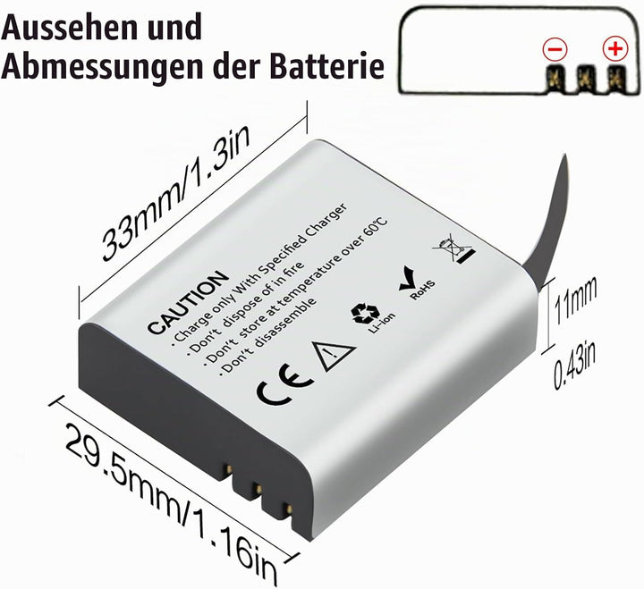 Action Cam Akku, 2 x 1350mAh Akkus für AKASO EK7000/Brave 4 Pro/V50X, COOAU, Dragon Touch, GOOKAM, S