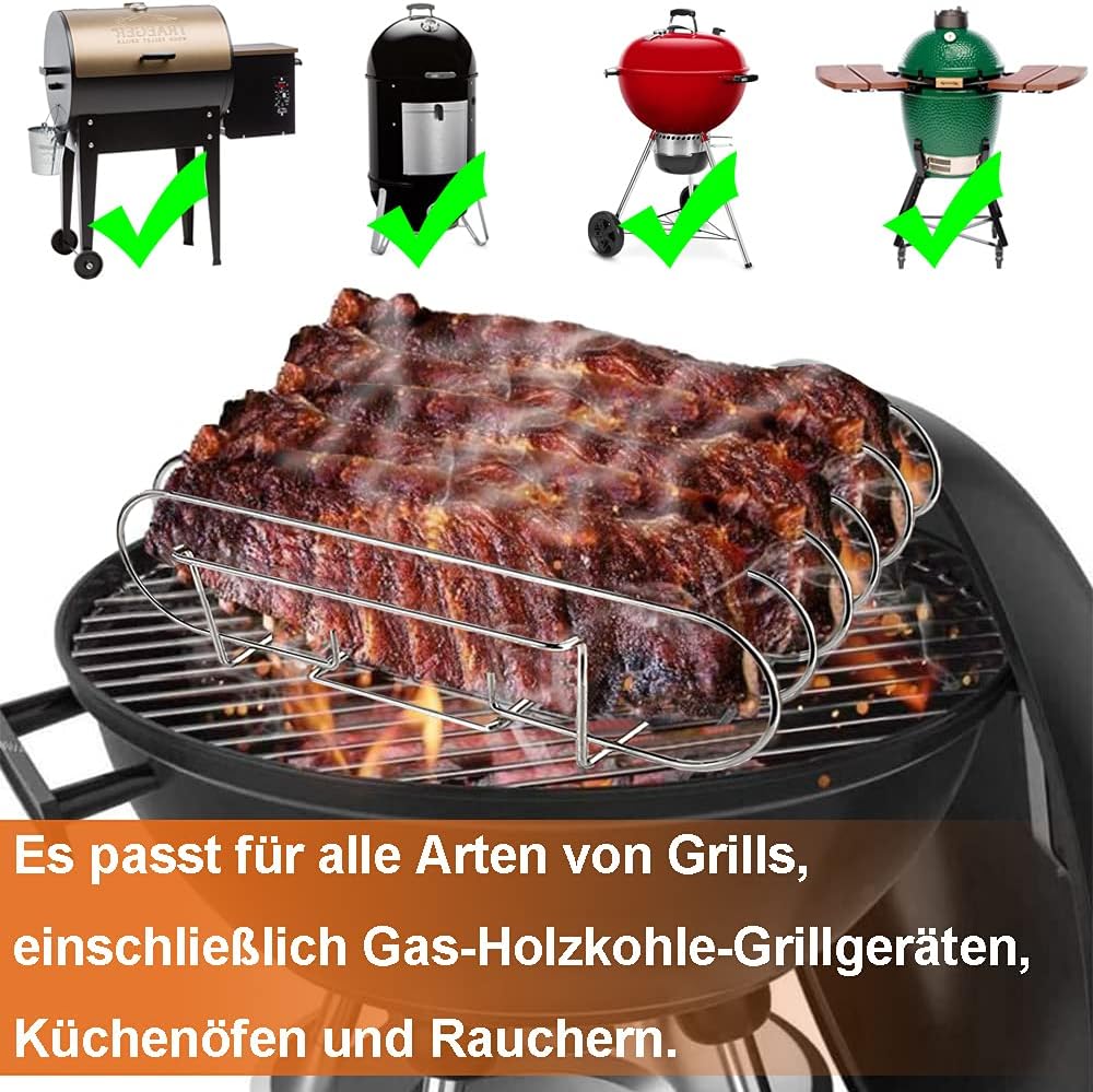 Spareribs Halter Grill – Braten und Rippchenhalter Edelstahl, Aufsatz zur Zubereitung von 5 Sparerib