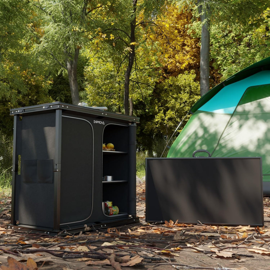 24MOVE® Campingküche faltbar, höhenverstellbarer Campingschrank Alu Reiseküche mit Arbeitsplatte und