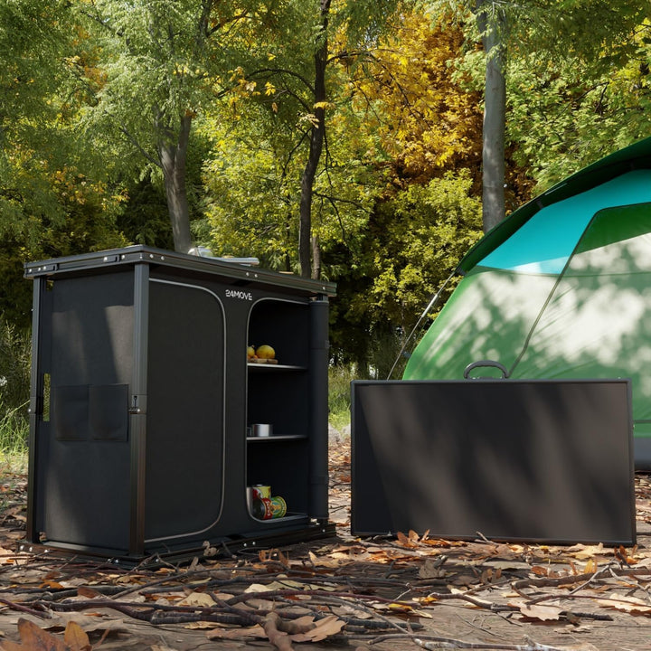 24MOVE® Campingküche faltbar, höhenverstellbarer Campingschrank Alu Reiseküche mit Arbeitsplatte und