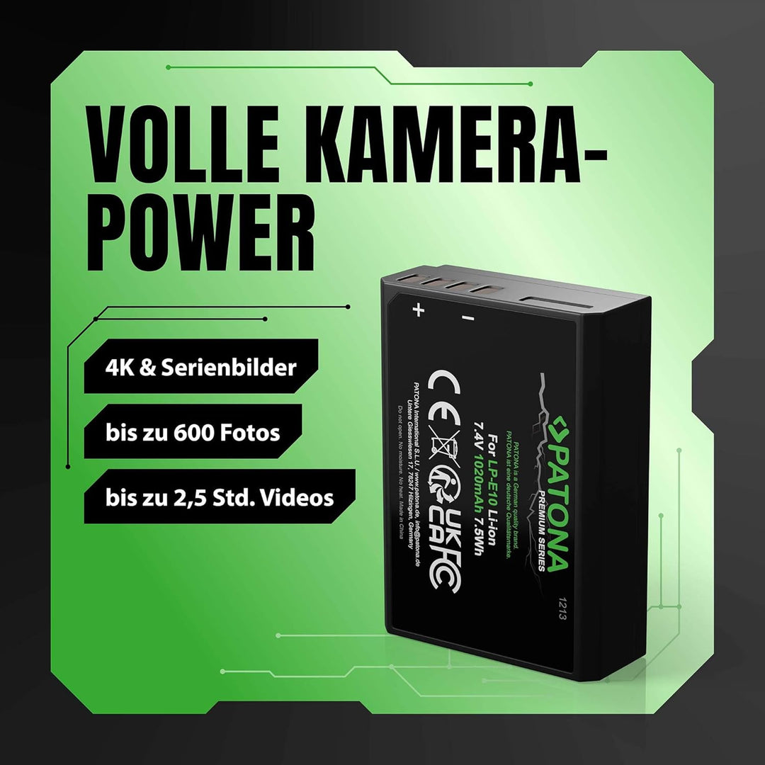 PATONA 2X Premium Akku LP-E10 1020mAh Ersatz für Canon LPE10 LP E10 | Kompatibel mit EOS 1100D 1200D