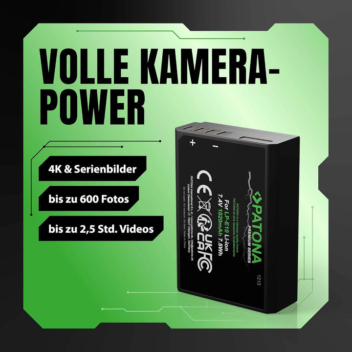 PATONA 2X Premium Akku LP-E10 1020mAh Ersatz für Canon LPE10 LP E10 | Kompatibel mit EOS 1100D 1200D