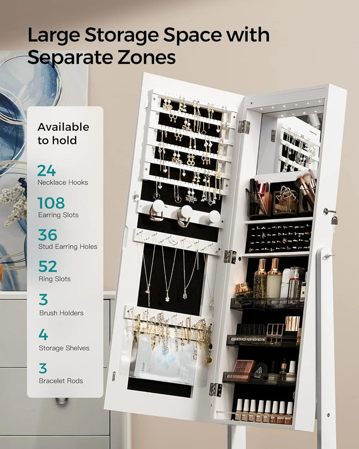 SONGMICS Schmuckschrank, Spiegelschrank, Schmuck-Organizer mit LED-Beleuchtung, einstellbare Farbe u