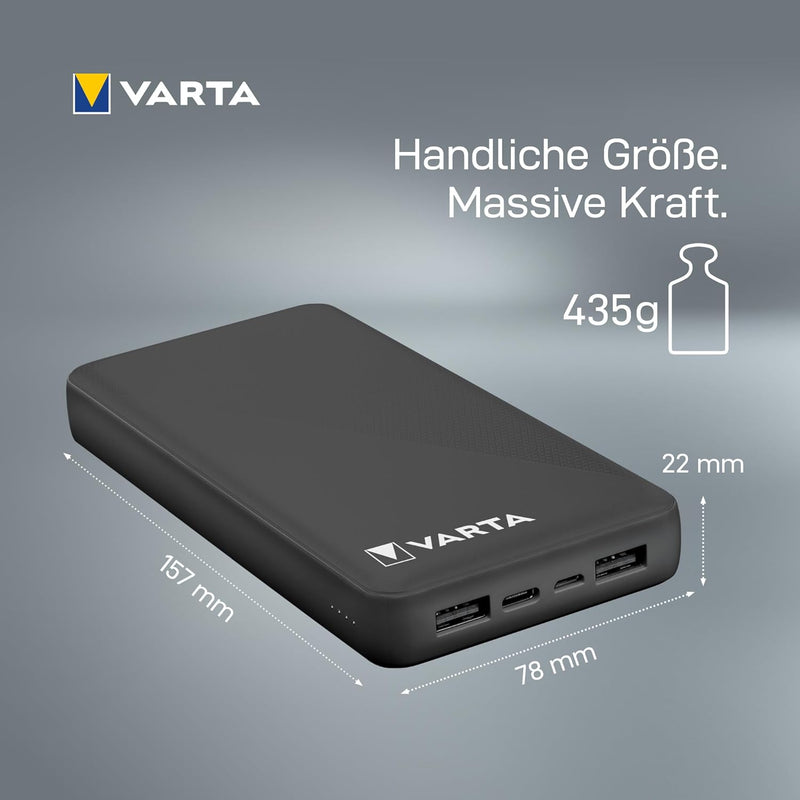 VARTA Power Bank 20000mAh, Powerbank Power on Demand mit 4 Anschlüssen (1x Micro USB, 2x USB A, 1x U