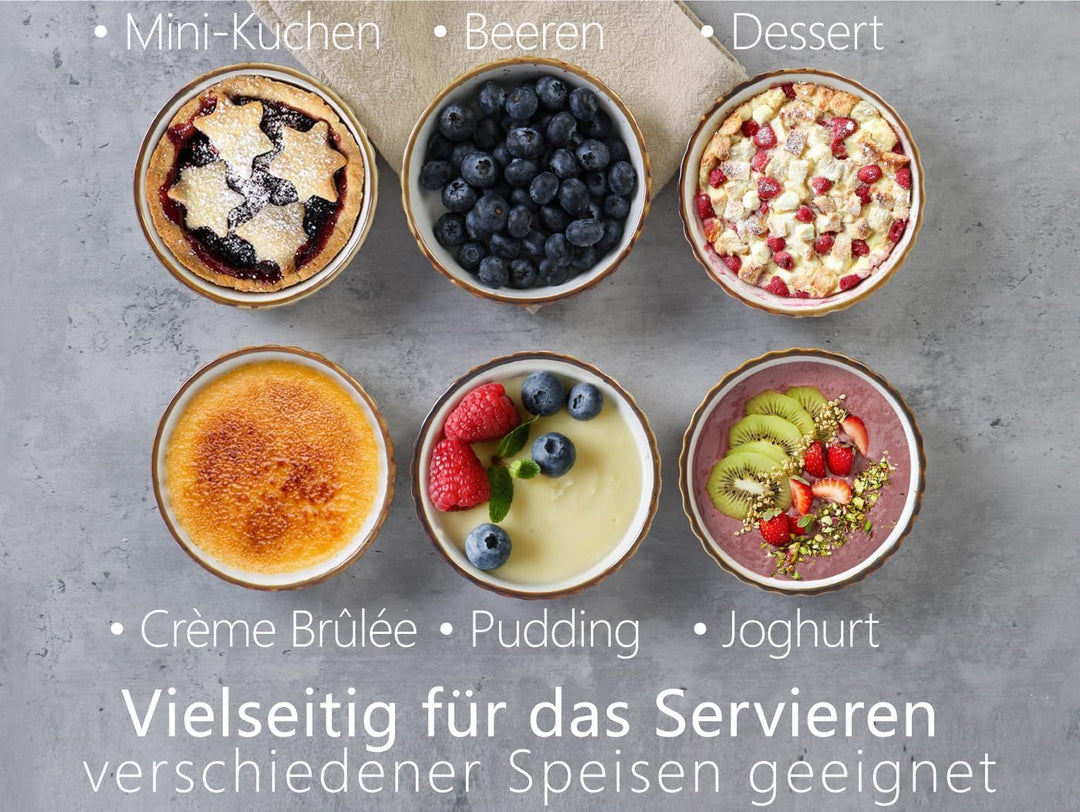 ONEMORE 6x Creme Brulee Schälchen, 177 ml Soufflé Förmchen aus Keramik, 11.4 cm Souffleeförmchen Bac