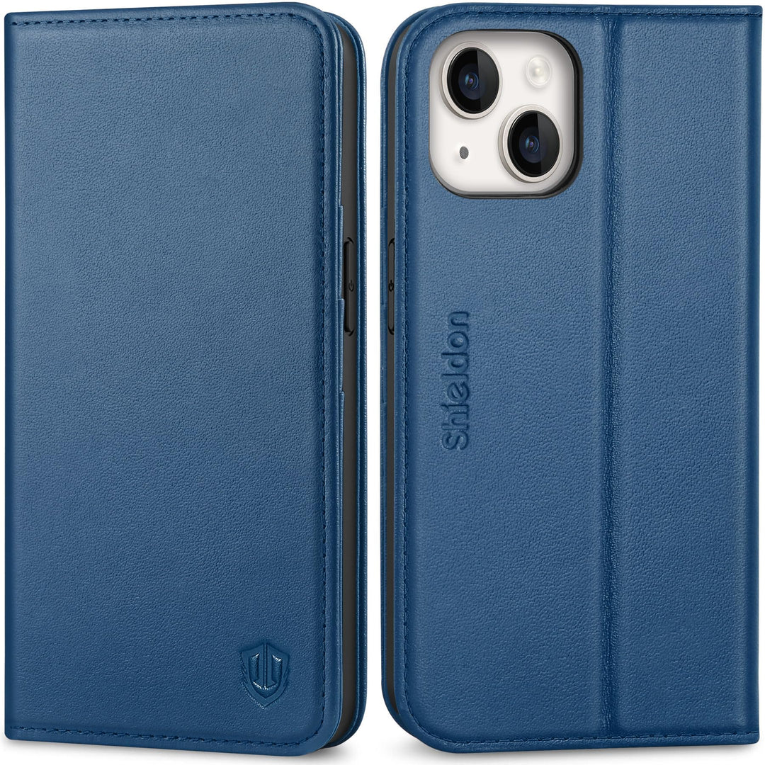SHIELDON Hülle für iPhone 14 Schutzhülle [Rindsleder] [Stossfest ] [Standfunktion] [Kartenfach] TPU