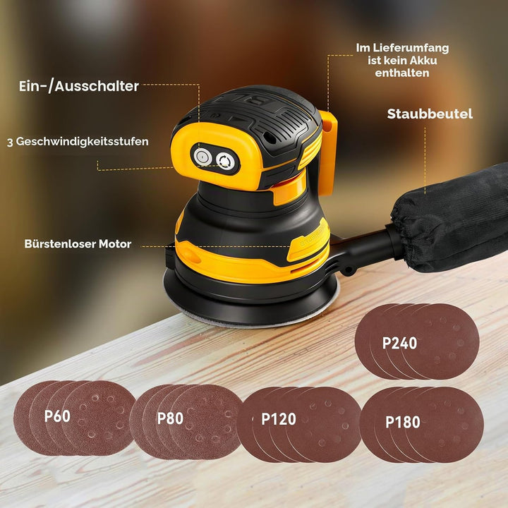 Akku-Exzenterschleifer Kompatibel mit Dewalt 18V 20V Akku, 125mm Schleifteller Elektrischer Exzenter