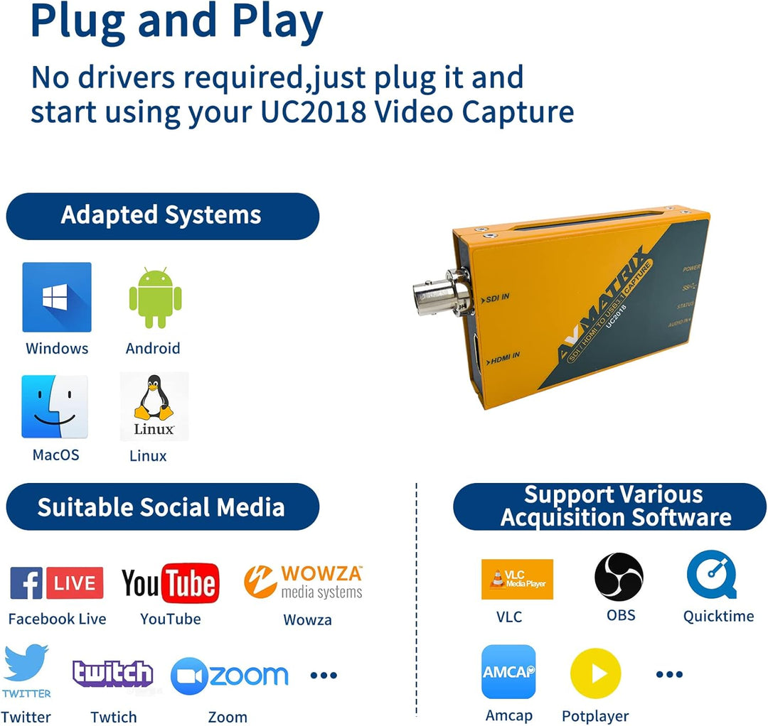 AVMatrix UC2018 Videoaufnahme Game SDI/HDMI to USB3.1 Gen1(USB3.0) Capture cam Link Card 1080p 60fps
