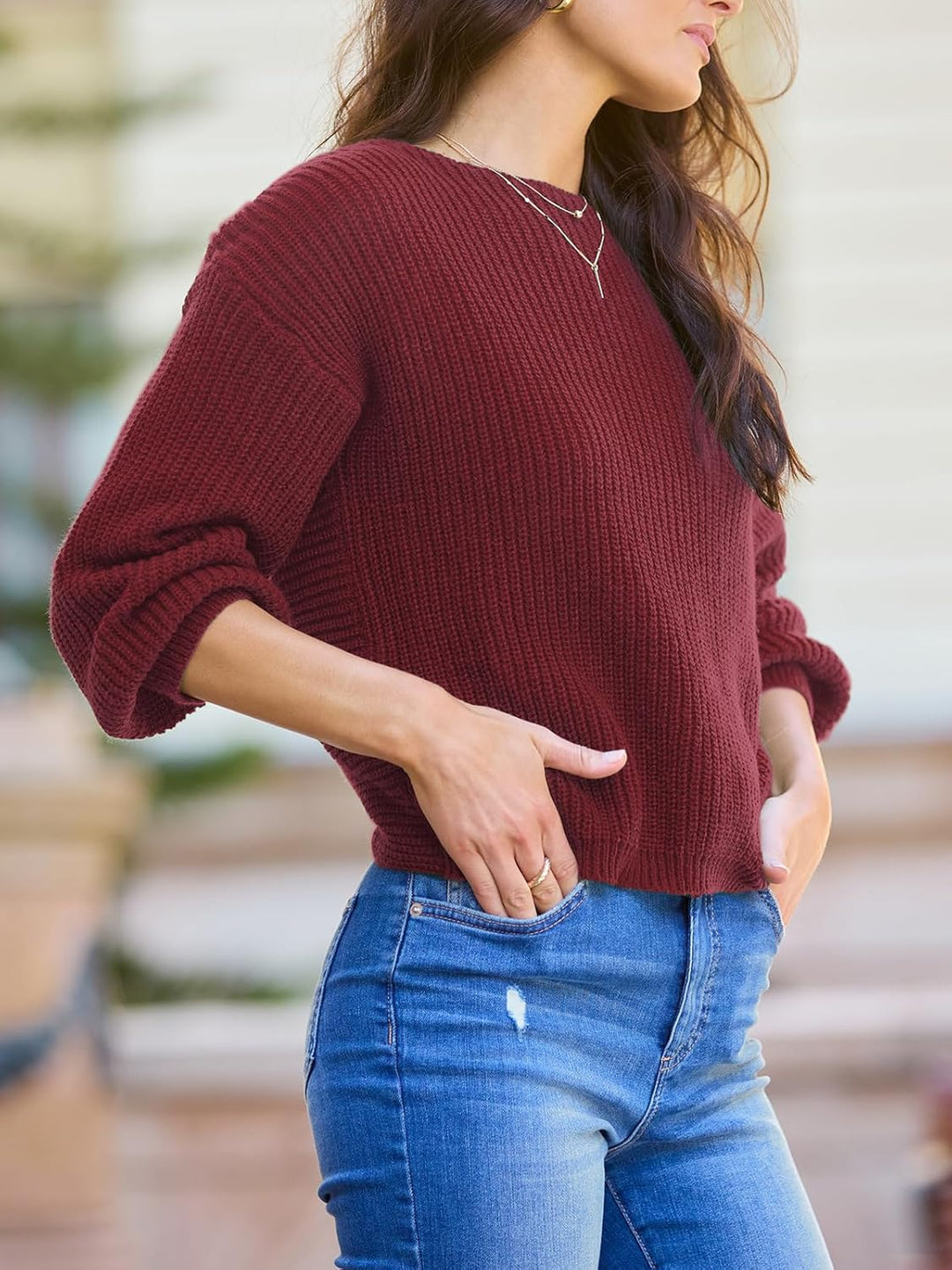 CUPSHE Damen Strickpullover Rundhals Langarm Twisted Rückenfrei Fledermausärmel Rippenstrick Pulli O