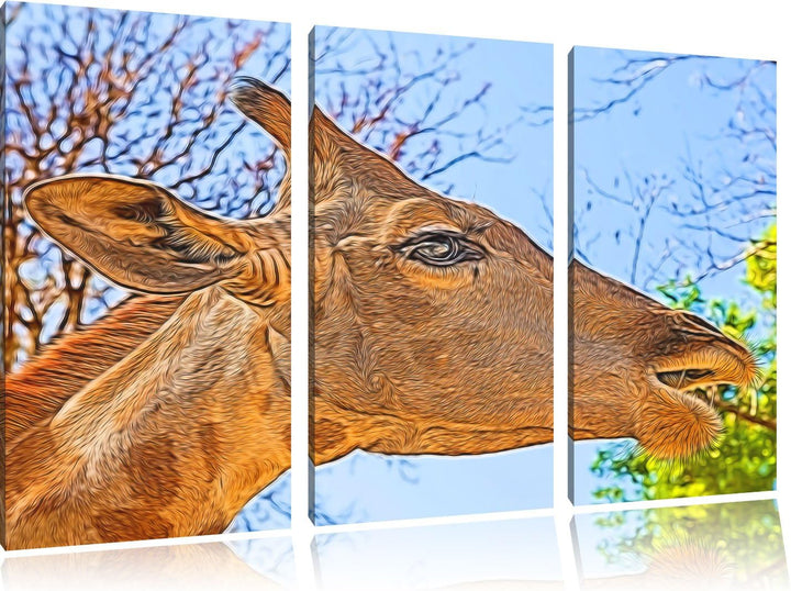 anmutige Giraffe isst Spezial 3-Teiler Leinwandbild 120x80 Bild auf Leinwand, XXL riesige Bilder fer