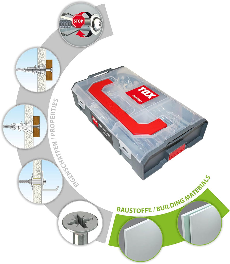 TOX L-BOXX Mini Indoor Dübelsortiment, 120 tlg., anpassbar, stapelbar, mit Spiral, Spiral Plus und A