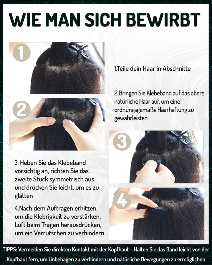 RUNATURE Unsichtbare Tape Extensions Echthaar Schwarz 50cm Haar Extensions Echthaar Tape Glatt Haarv