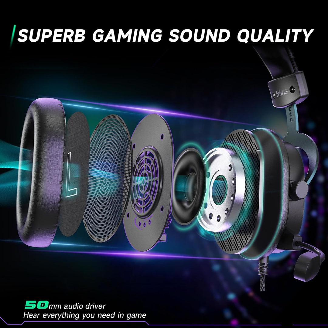 FIFINE Gaming Headset mit Mikrofon, Over Ear Kopfhörer mit Kabel, USB Headset für PC PS4 PS5 Xbox Sw