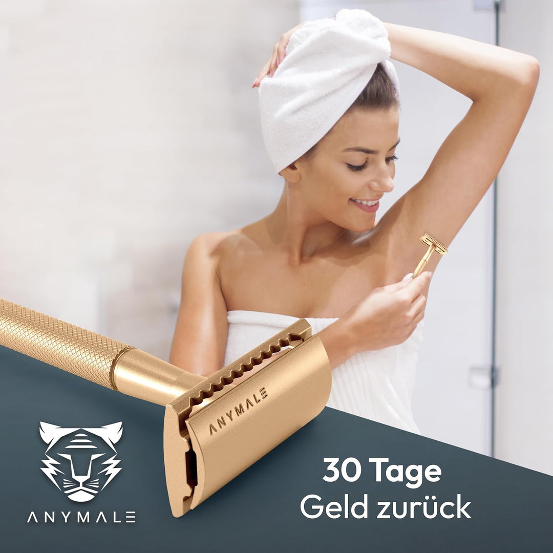 ANYMALE® Rasierhobel Gold Edition - Damen Set mit Ständer und 5 ASTRA Klingen - Plastikfreier Rasier