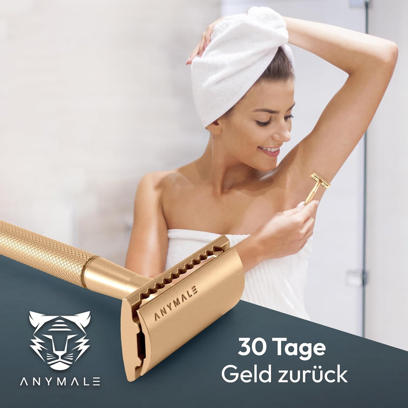 ANYMALE® Rasierhobel Gold Edition - Damen Set mit Ständer und 5 ASTRA Klingen - Plastikfreier Rasier