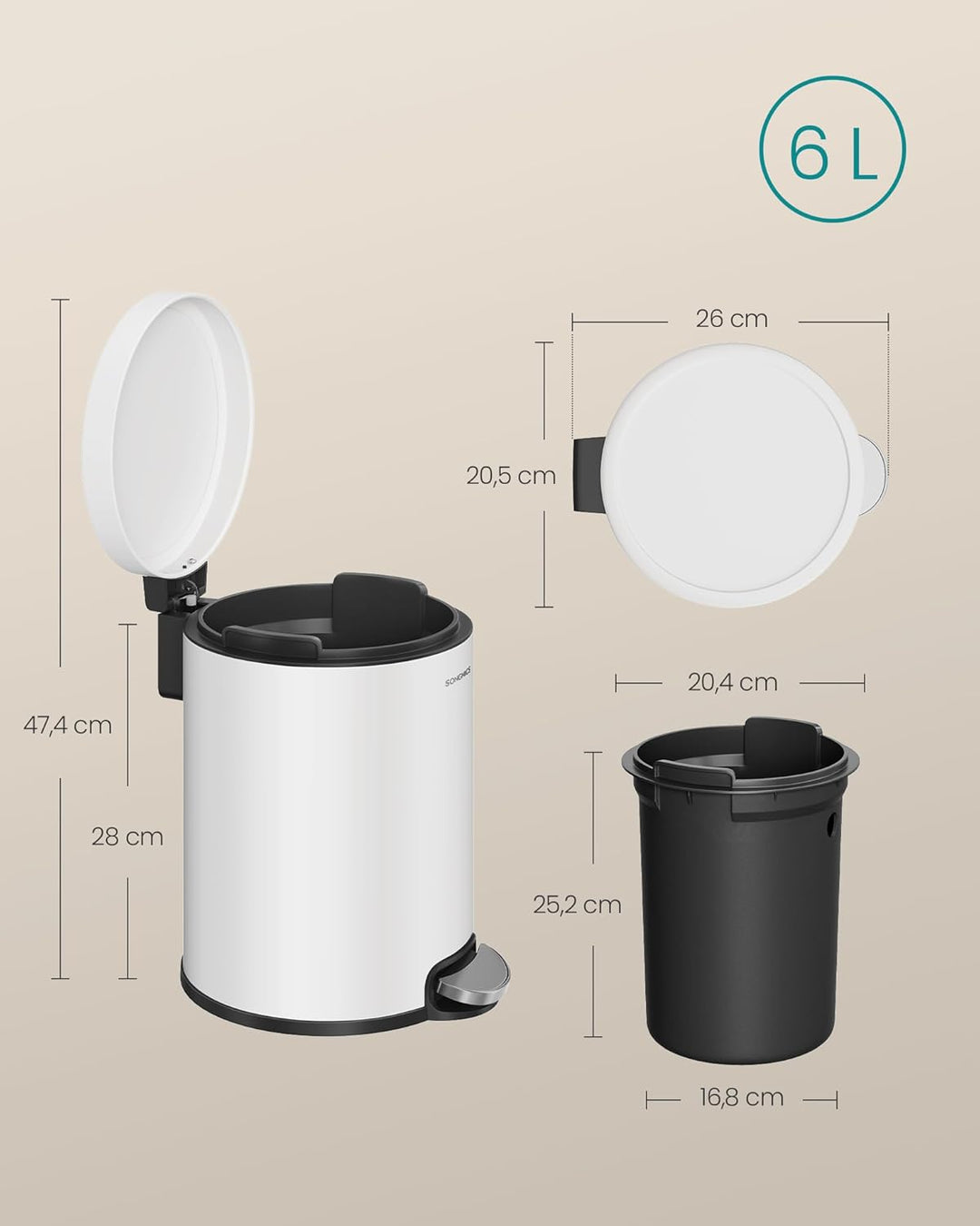 SONGMICS Kosmetikeimer, 6 Liter, Mülleimer Bad, mit Softclose-Deckel, Tretmülleimer, Stahl, für klei