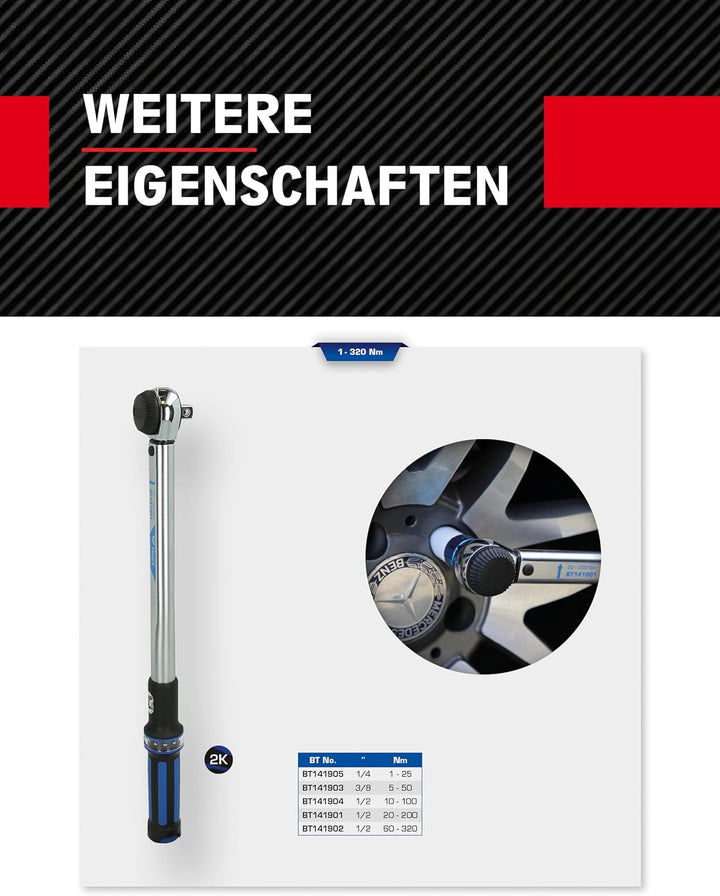 BRILLIANT TOOLS BT141902 1/2" Drehmomentschlüssel mit Drehknopf-Umsteck-Ratschenkopf, 60 - 320 Nm [P