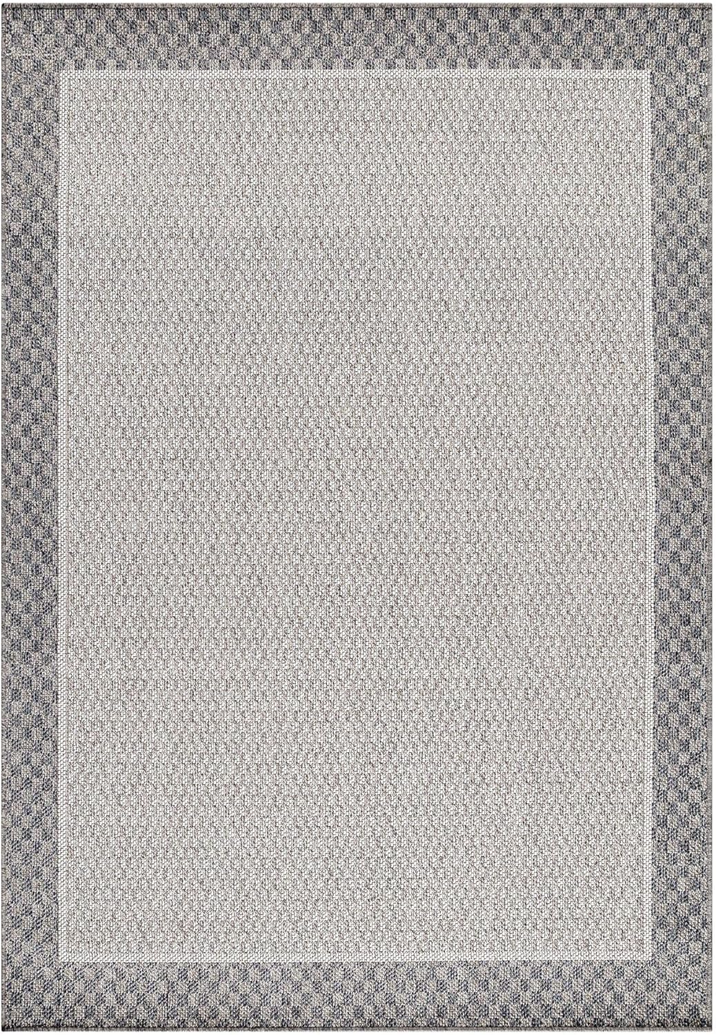 In- & Outdoor Läufer Teppich Robuster, Ethno Look Bordüre Muster, Rechteckig, Grau und Creme Farbe,