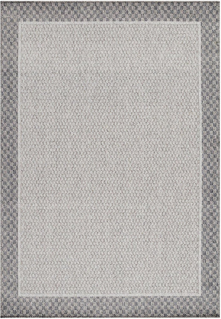In- & Outdoor Läufer Teppich Robuster, Ethno Look Bordüre Muster, Rechteckig, Grau und Creme Farbe,