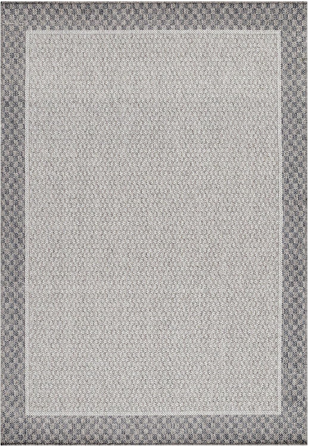 In- &amp; Outdoor Läufer Teppich Robuster, Ethno Look Bordüre Muster, Rechteckig, Grau und Creme Farbe,