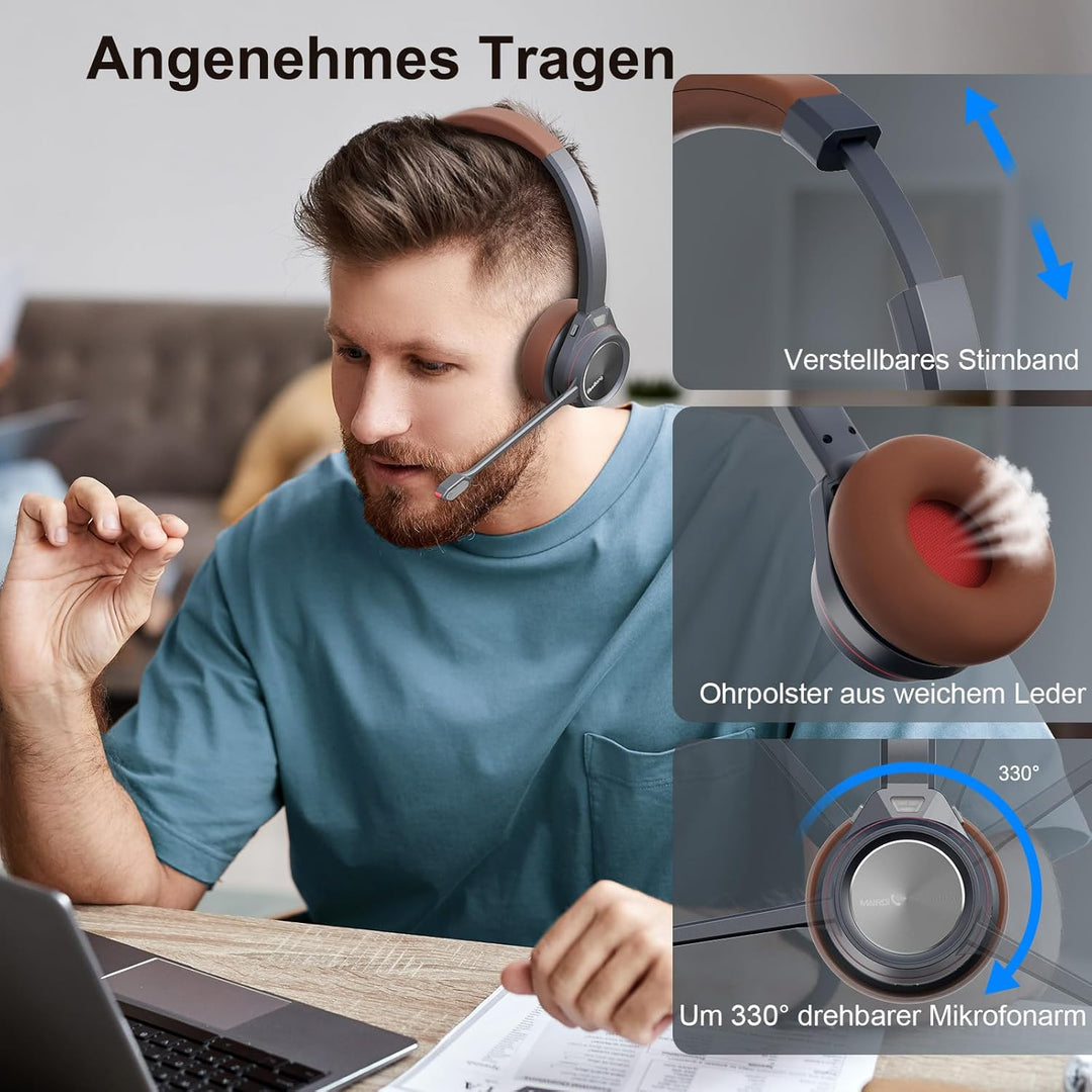 Bluetooth Headset mit Mikrofon, Wireless Headset mit Ladestation & USB Dongle für PC, 40 Stunden Spr