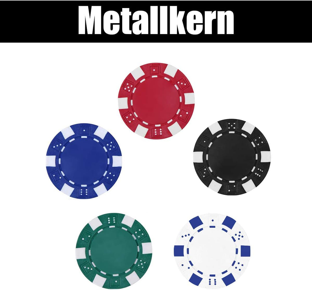 DREAMADE Ultimate Pokerset mit 500 Chips/ 2 Poker Set/ 5 Würfel/Koffer/Spieltuch/ 5 Dealer Buttons,