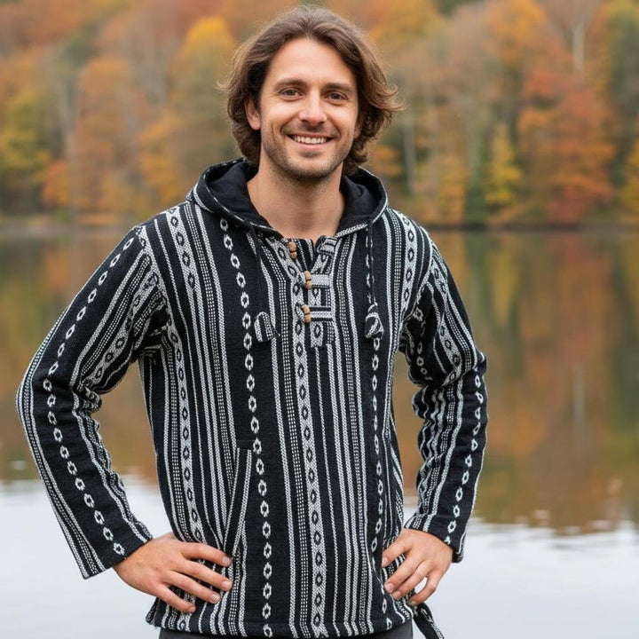 GURU SHOP Goa Kapuzenshirt, Baja Hoodie, Boho Style Kapuzenpullover, Herren, Baumwolle S Schwarz/Wei