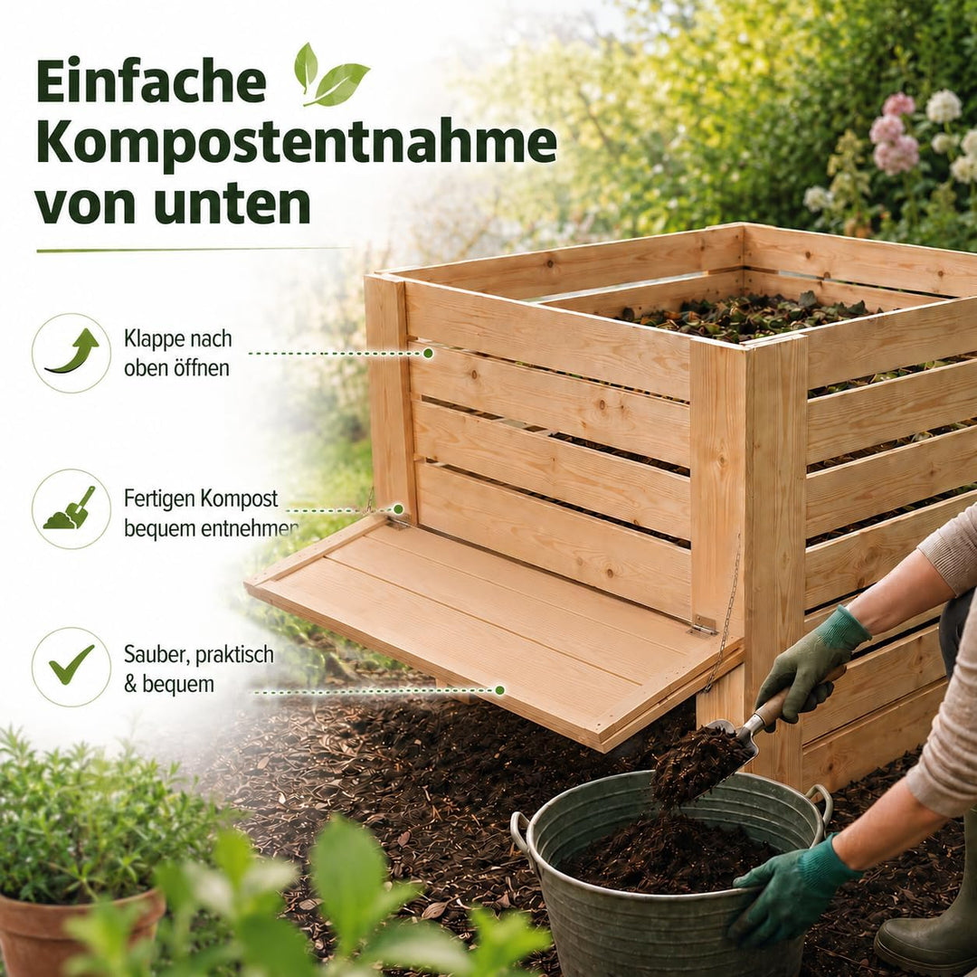 VELORA H&amp;L Gartenkomposter 512 L - Komposter aus Naturholz mit Entnahmeklappe unten, Kompostbehälter