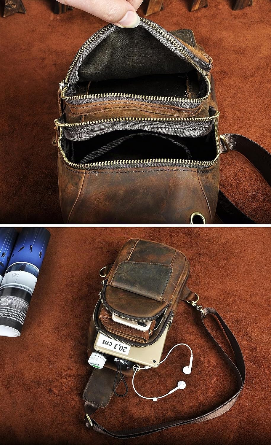 Le’aokuu Herren Echtes Leder Hüfttasche Bauchtsche Brusttasche Crossbody Bag Sling Bag Schultertsche