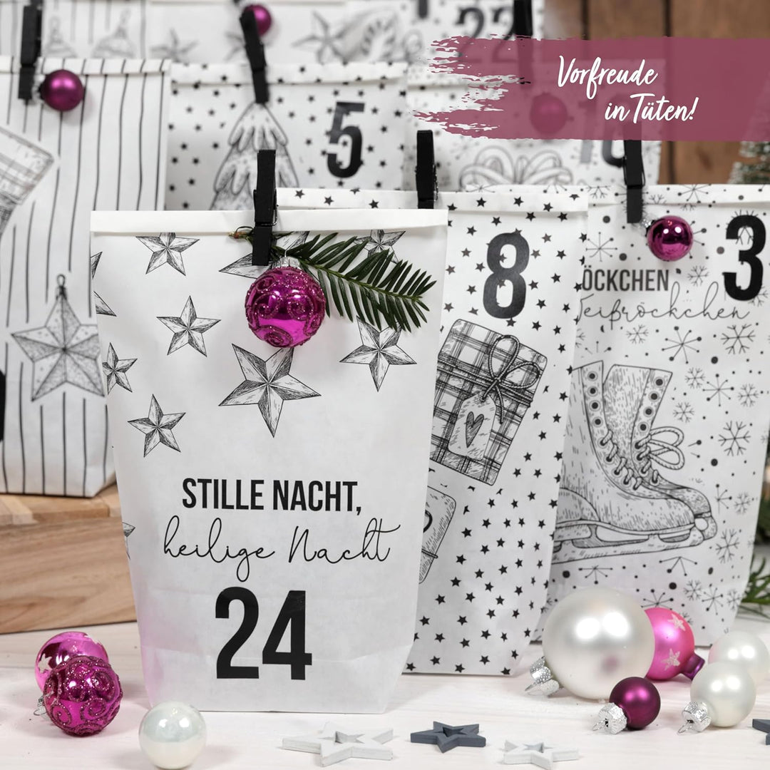 Papierdrachen Adventskalender 2025 zum Befüllen - 24 weisse Papiertüten mit Zahlenaufklebern - Motiv