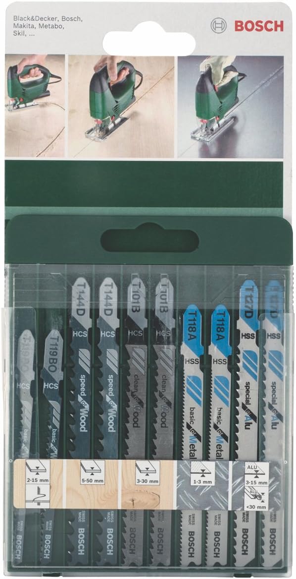Bosch Stichsäge PST 650 (Schnitttiefe in Stahl/Holz 4mm/65mm, im Koffer) + 10tlg. Stichsägeblatt Set